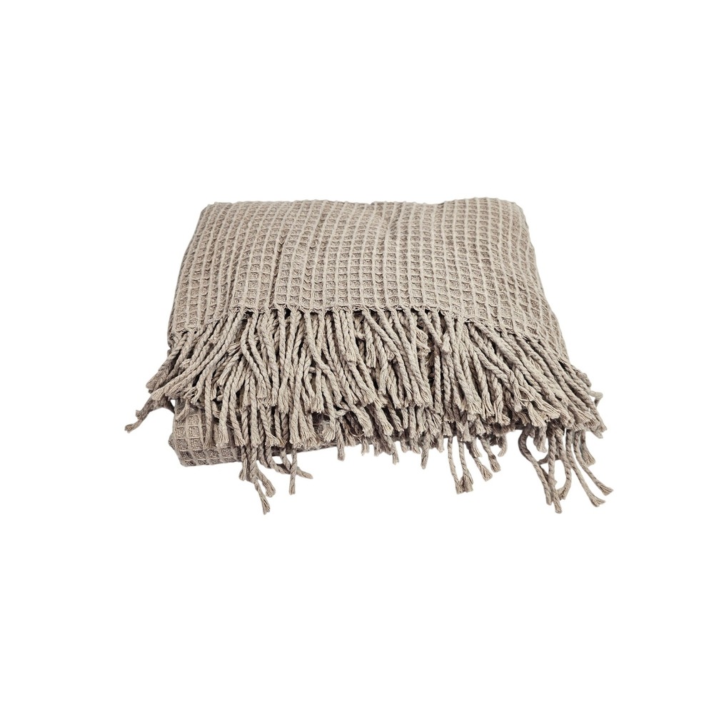 Roca Home Waffle Weave‎ Throw Blanket Beige 50x67 Cotton Blend Fringe Portugal